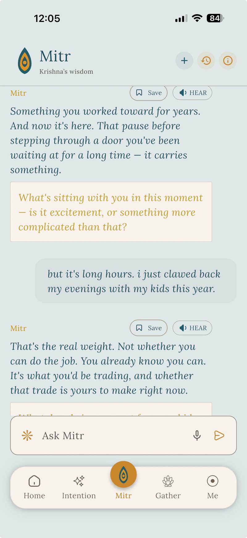 A conversation in the mitr app, with the option to save or hear each reply