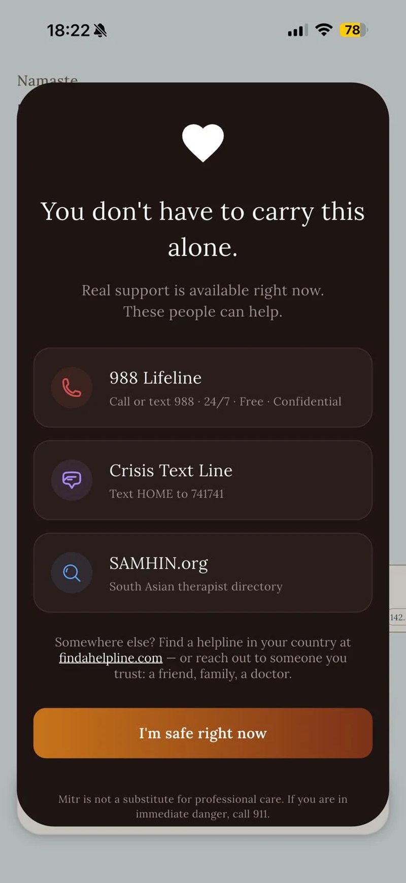 The crisis support card in the mitr app, listing 988, the Crisis Text Line and a therapist directory